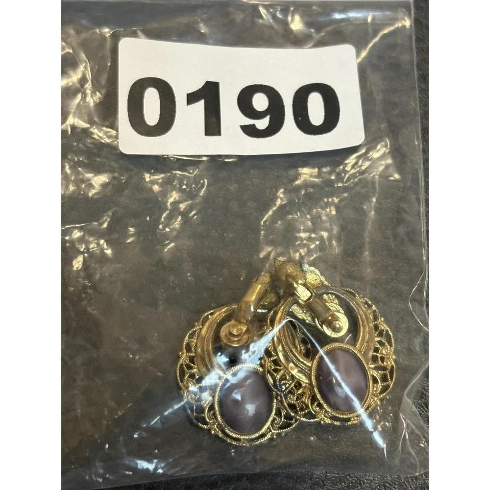 1928 Vintage 80s 90s DOOR KNOCKER Purple Marbled Cabochons Filigree EARRINGS